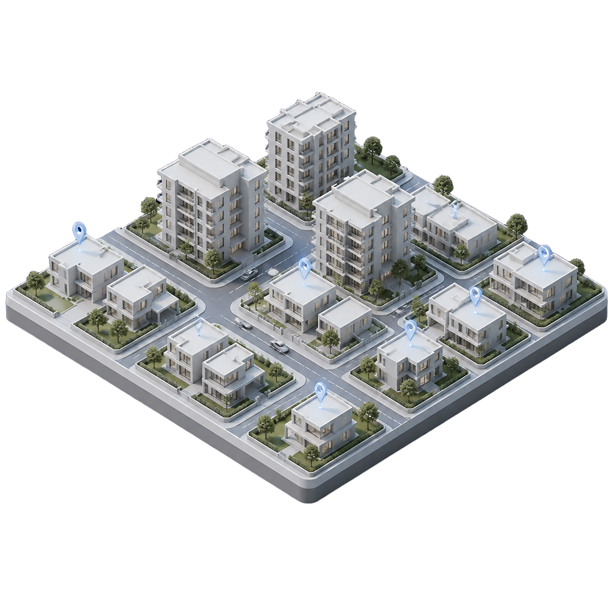 Miniature 3D model of a modern residential neighbourhood with houses, apartments, roads and location markers